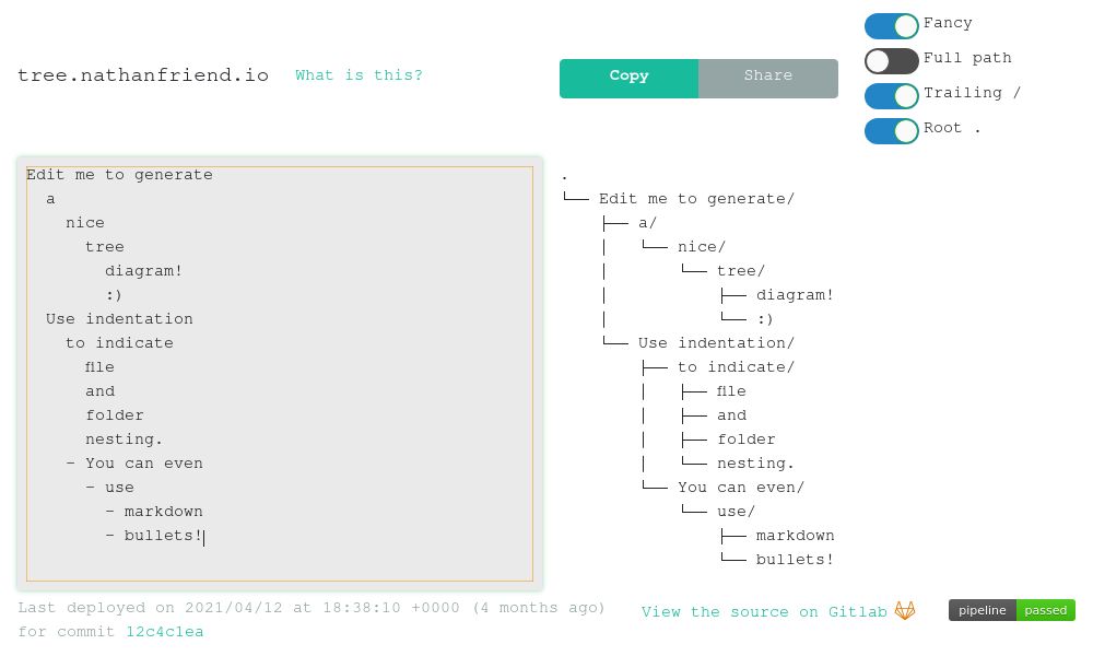 Screenshot of ASCII tree generator