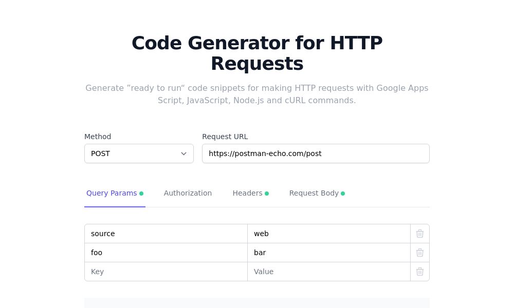 Screenshot of Code Generator for HTTP Requests