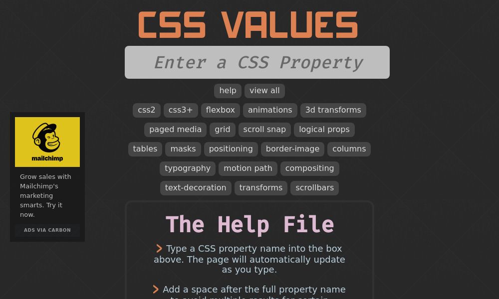Screenshot of CSS values