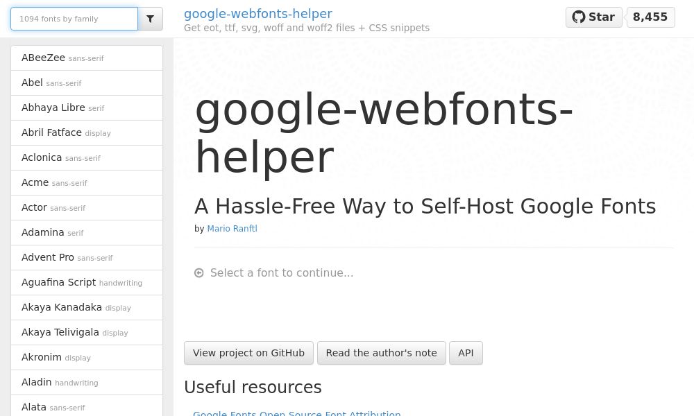 Screenshot of google-webfonts-helper