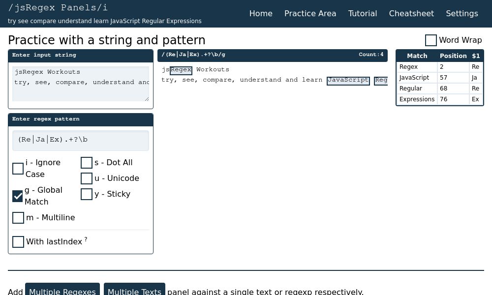 Screenshot of JavaScript Regex Panels