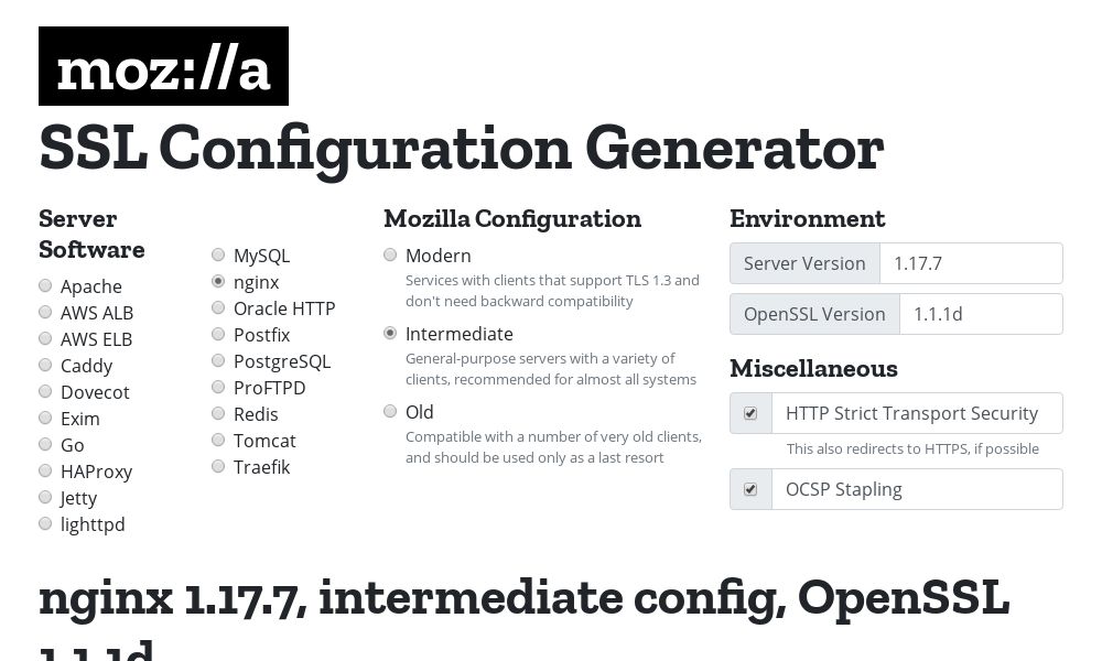 Screenshot of Mozilla SSL Configuration Generator