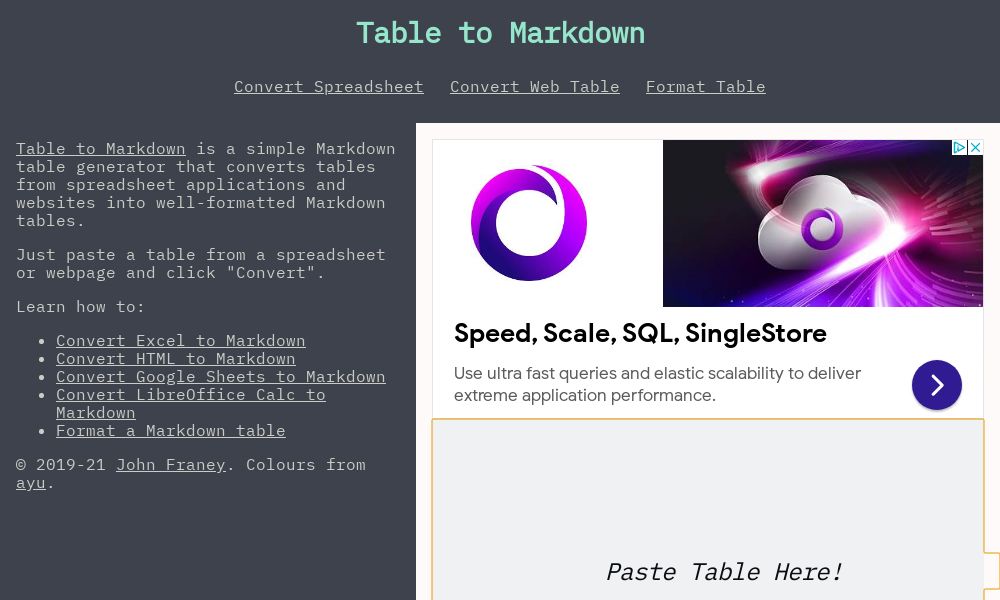 Screenshot of Table to Markdown